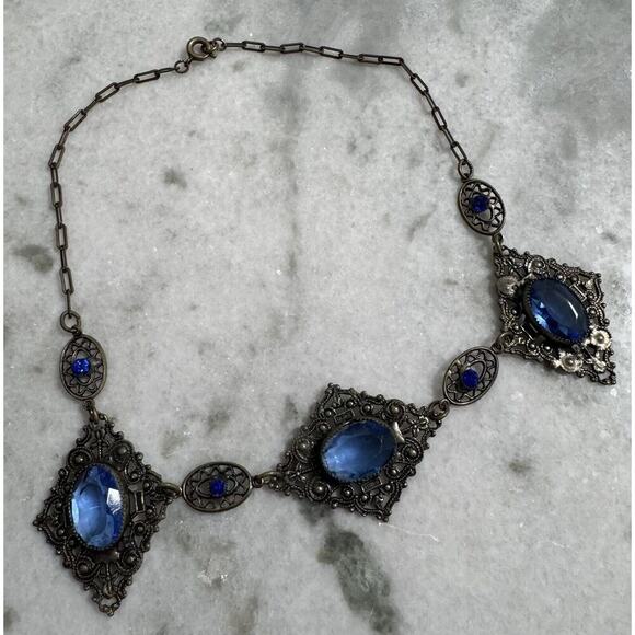 Antique Victorian Czech Blue Glass Filigree Bib Choker Necklace - Picture 11 of 14